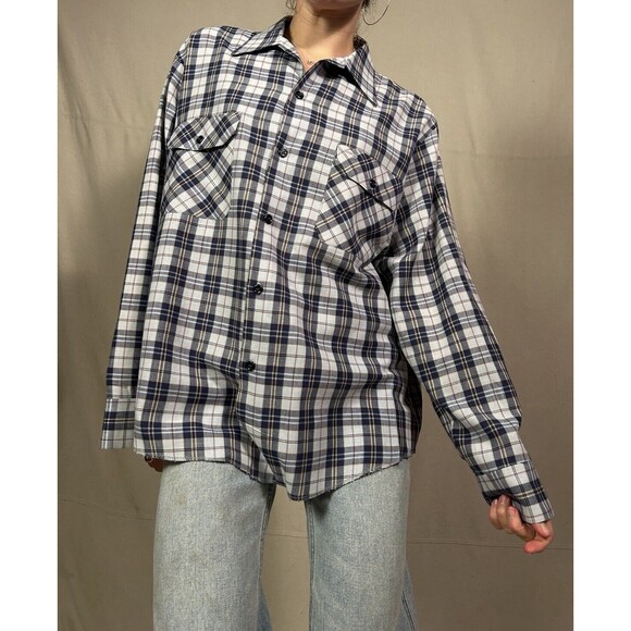 Sears Short Sleeved Work Shirt Perma-Prest Vintage New Blue Plaid - Picture 5 of 6